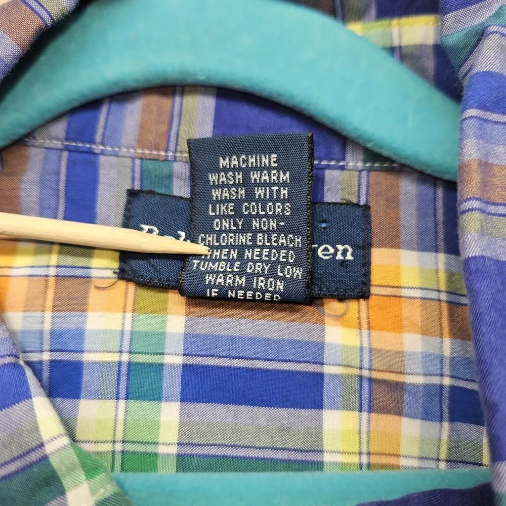 Ralph Lauren Boys Blue Orange Plaid Shirt Size 16/18 Button Down Longsleeve Prep